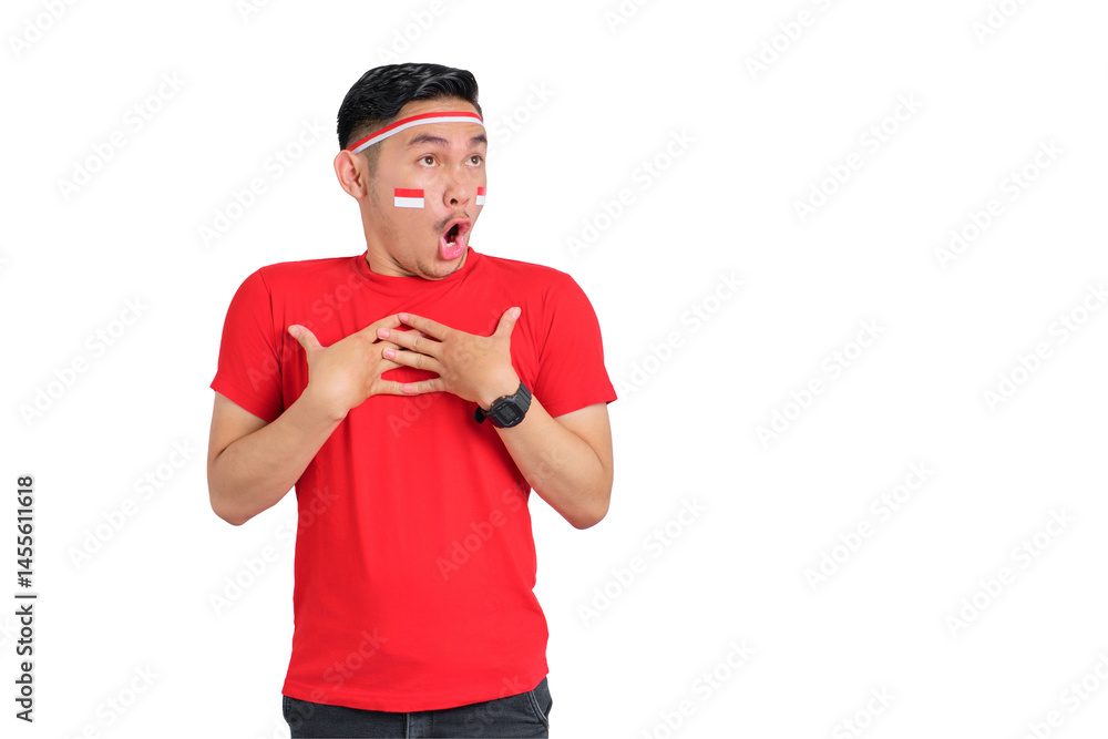 Shocked young Asian man celebrating Indonesian independence day keeps hands on chest with open mouth isolated on transparent background Shocked young Asian man celebrating Indonesian independence day keeps hands on chest with open mouth isolated on transparent background