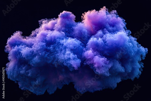 Massive, vibrant cloud of smoke, with shades of purple and blue, against a black backdrop.
