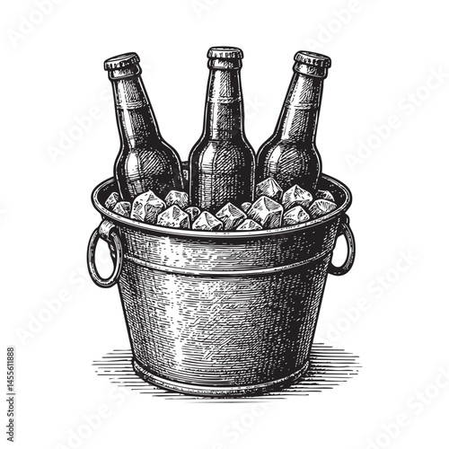 Beer Bottles in an Ice Bucket engraving woodcut illustration