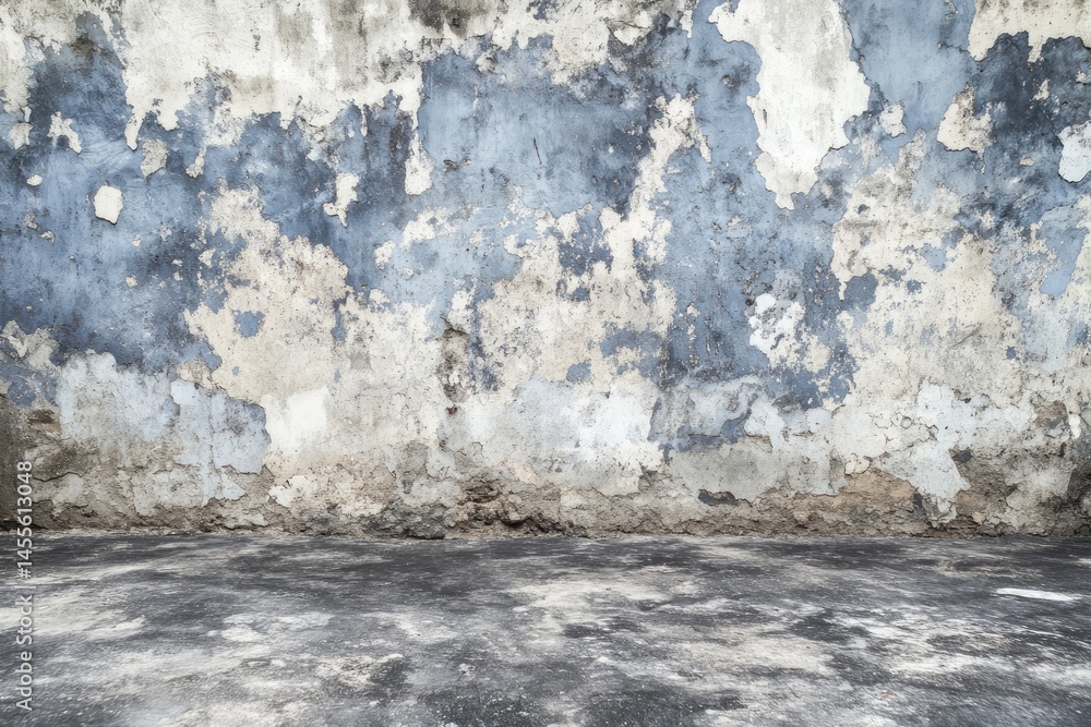 Weathered, textured wall and floor. A backdrop of peeling paint, various shades of gray, blue, and beige, on an aged stone wall. Dark gray asphalt-like floor forms a base Weathered, textured wall and floor. A backdrop of peeling paint, various shades of gray, blue, and beige, on an aged stone wall. Dark gray asphalt-like floor forms a base