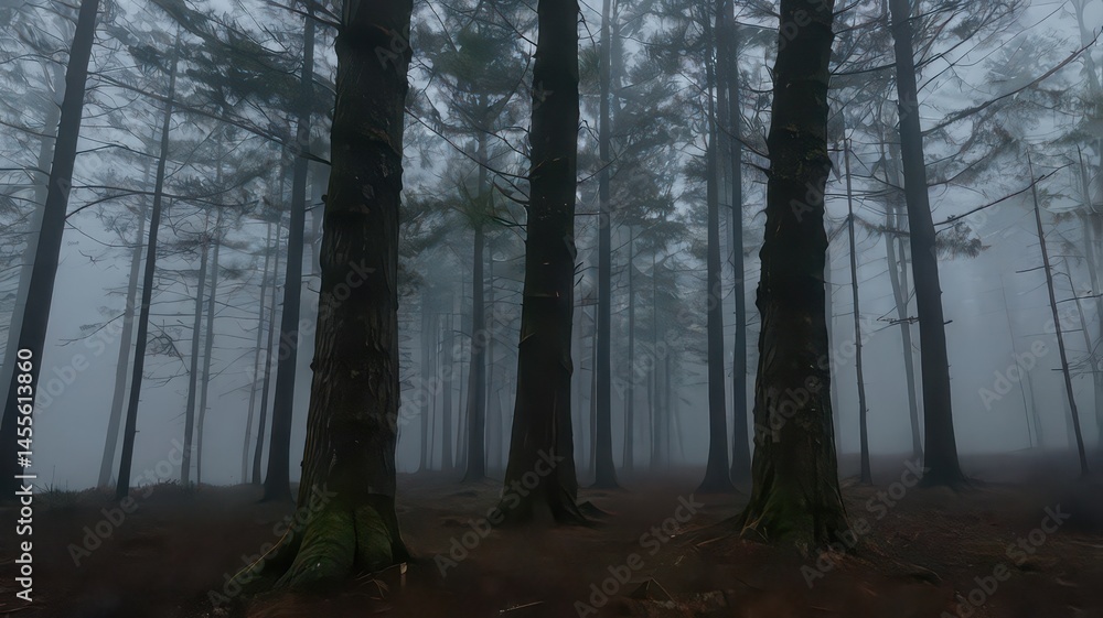 Obraz premium A view of a dense forest with tall trees shrouded in thick fog creating a mysterious atmosphere