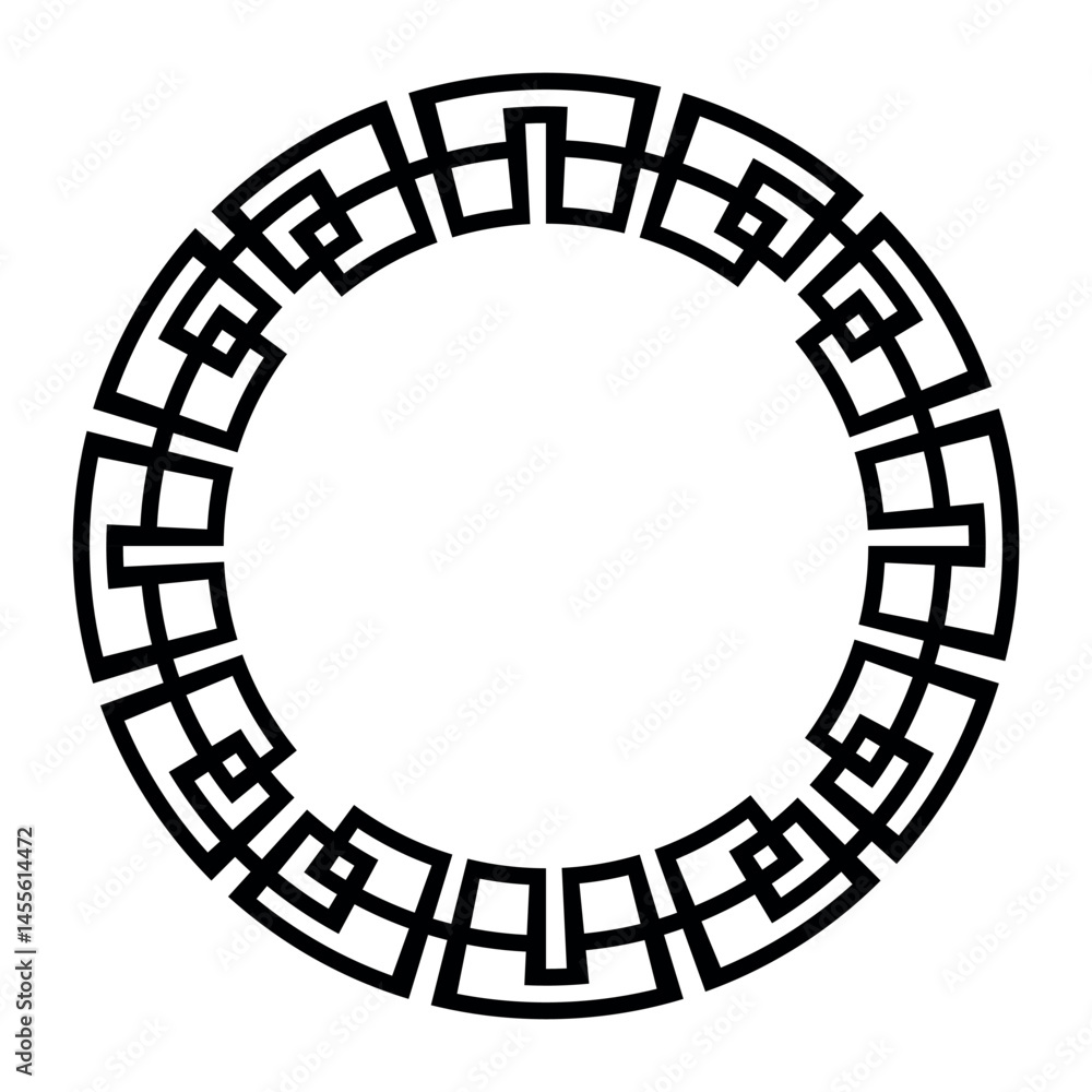 Round frame with greek key meanders. Circular Geometric frame in the form of circular pattern. Celtic round frame. Vector monochrome element for design. Oriental round frame. Template for laser