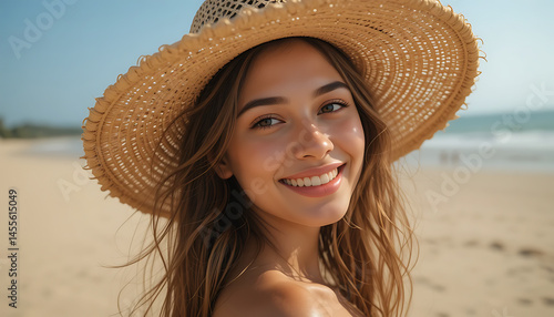 Woman in Hat Smiling on Beach