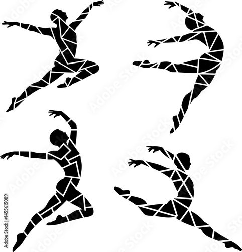 Geometric dancer silhouette leaping in motion