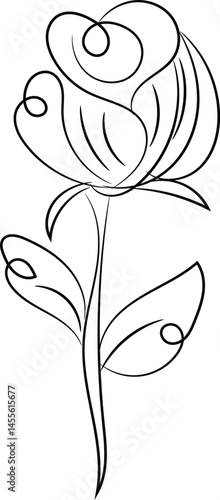 Elegant Single Line Drawing of a Rose Flower with Leaves