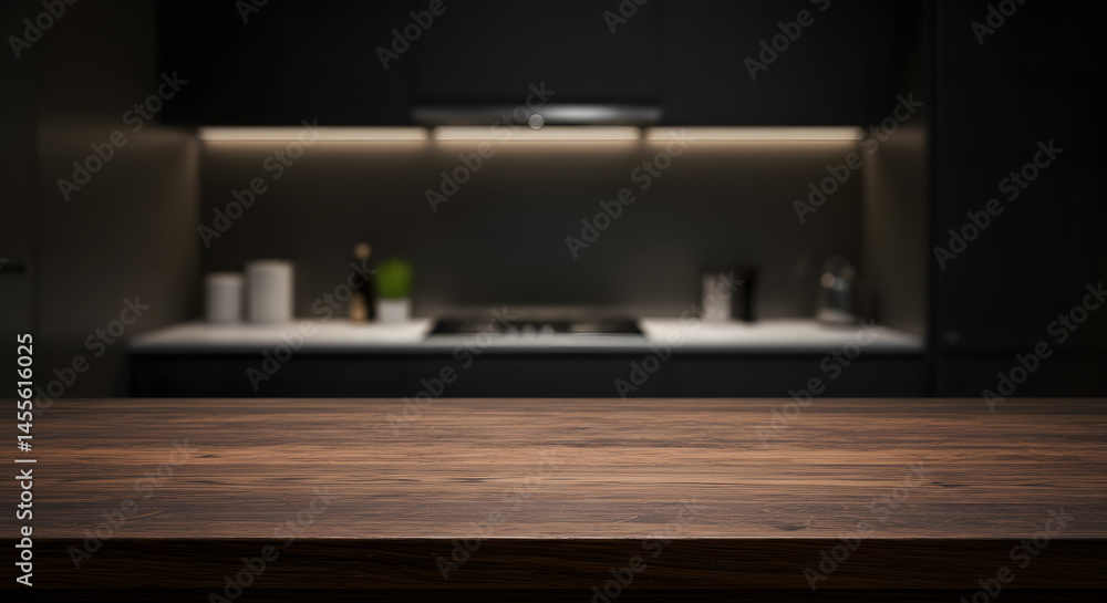 Empty dark wood table in dimly lit upscale kitchen, luxury food product display Empty dark wood table in dimly lit upscale kitchen, luxury food product display