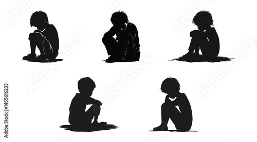 Sad Children Silhouettes Set Child Depression Grief Sorrow