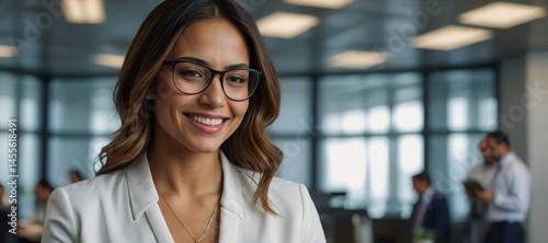 smiling, young, hispanic, professional, business, woman, glasses, using, tablet, office