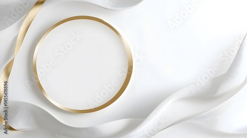 A golden circular frame set against a white silky background