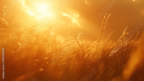 Fototapeta Naklejka Na Ścianę i Meble -  Golden hour sunlight on tall grass field