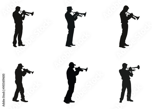 Six Trumpet Player Silhouettes Music Band Jazz Musicians Illustration