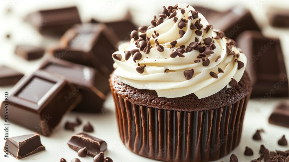 Chocolate cupcake with whipped cream frosting and chocolate chips Chocolate cupcake with whipped cream frosting and chocolate chips