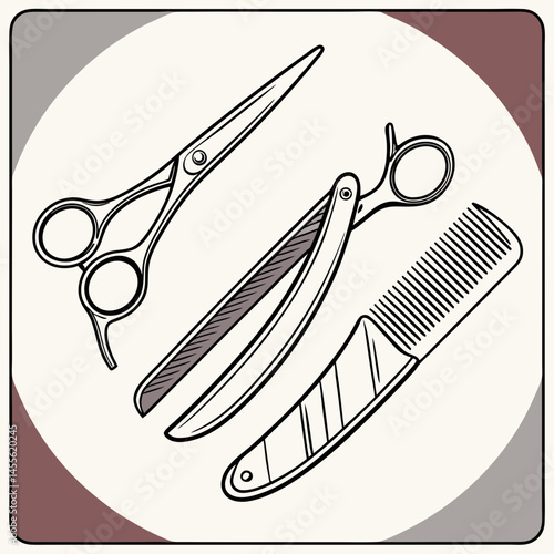 Close-up of a barber’s kit: scissors, combs, razors, and straight razors on display