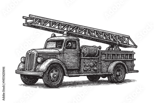 Fire Truck with Ladder, engraving woodcut illustration