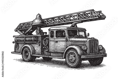 Fire Truck with Ladder, engraving woodcut illustration