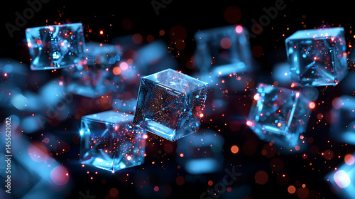 Futuristic low-poly landscape wallpaper with crystal blue polygonal shapes floating on dark background, featuring subtle glowing edges in ultra HD 8K resolution and minimalist cyber aesthetic
