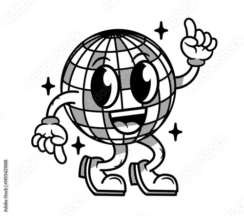 Retro Cartoon Disco Ball Globe Character – Happy Dancing Earth with Boots in Black and White Vintage Style