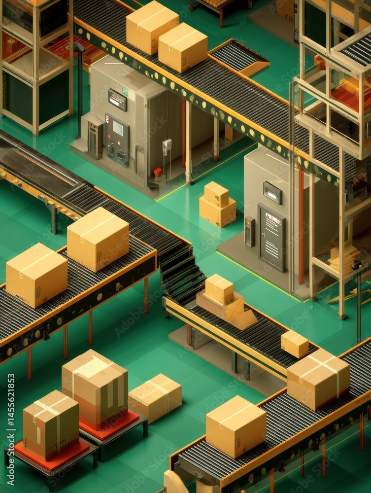 Isometric View of a Busy Warehouse With Conveyor Belts Transporting Packages Efficiently Throughout the Space Generative AI Isometric View of a Busy Warehouse With Conveyor Belts Transporting Packages Efficiently Throughout the Space Generative AI
