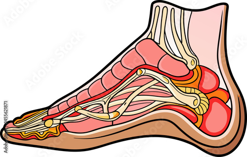 anatomical diagram of plantar fasciitis, showing inflammation and tearing of the plantar fascia, heel pain, and foot structure diagram hand drawn vector illustration. Medical science educational 