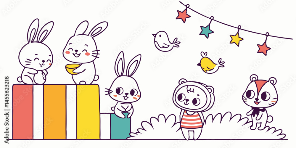 Fototapeta premium A cute pink cartoon bunny, the happy Easter hare, joyfully holds colorful eggs in a fun spring vector illustration