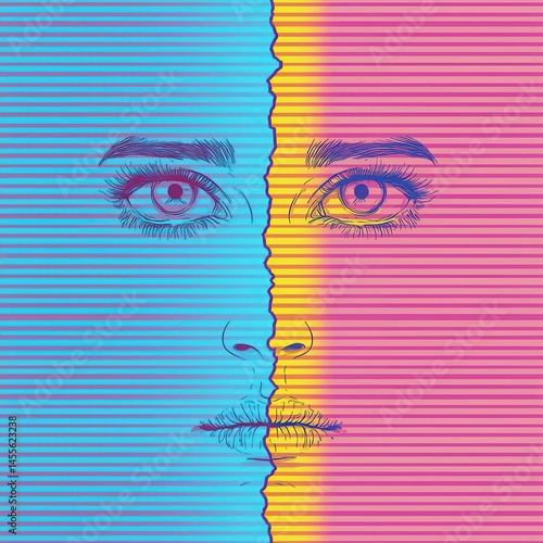 Duality of Human Emotions Illustrated through Split Colors and Unique Visual Techniques in Abstract Art