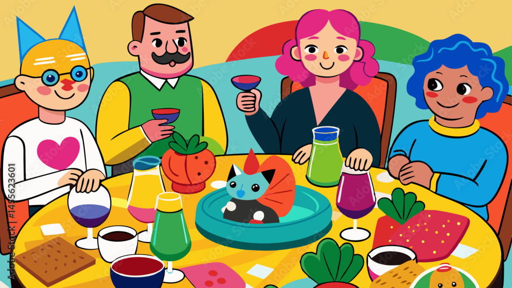 Fototapeta premium ベクトル図は、おそらくカフェのテーブルで食べ物を持った子供たち、男の子と女の子を持つ幸せな家族を描いています