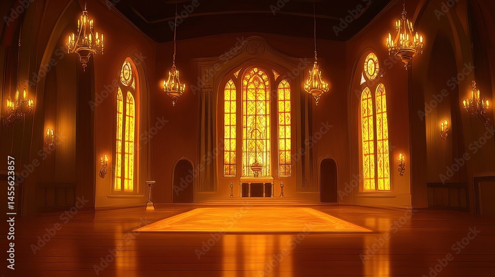 Obraz premium Grand cathedral interior illuminated by stained glass windows creating a spiritual atmosphere