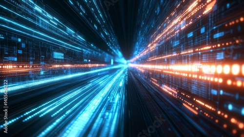 Vibrant Digital Light Trails Create a Sense of Speed and Movement in a Futuristic Cyber Environment Filled With Blue and Orange Colors