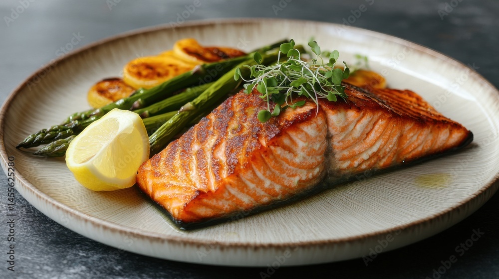 Seared salmon with asparagus and lemon on elegant marbled backdrop Seared salmon with asparagus and lemon on elegant marbled backdrop