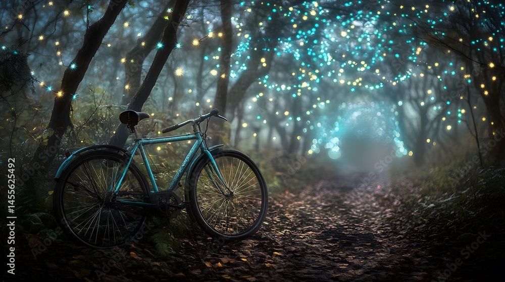 Fototapeta premium A vintage bicycle rests in a magical forest pathway.