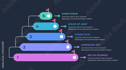 Pyramid diagram template with five elements connected with arrows, dark background, vector eps10 illustration