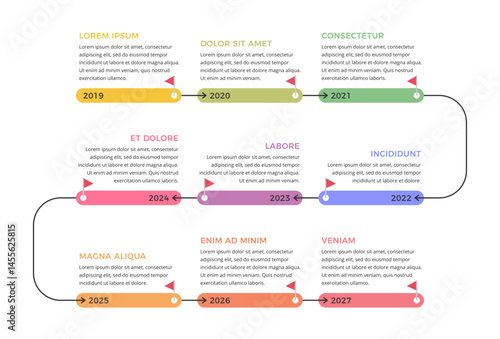 Timeline infographic template with 9 elements and arrows guiding the progression, vector eps10 illustration