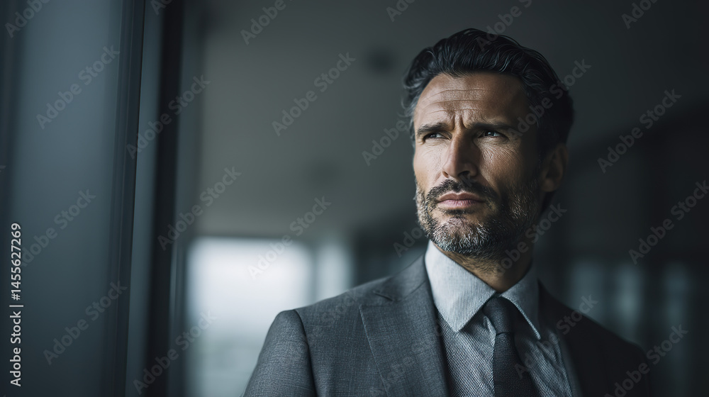 Fototapeta premium Confident businessman in formal attire, poised and professional. Leadership and success in the modern corporate world.