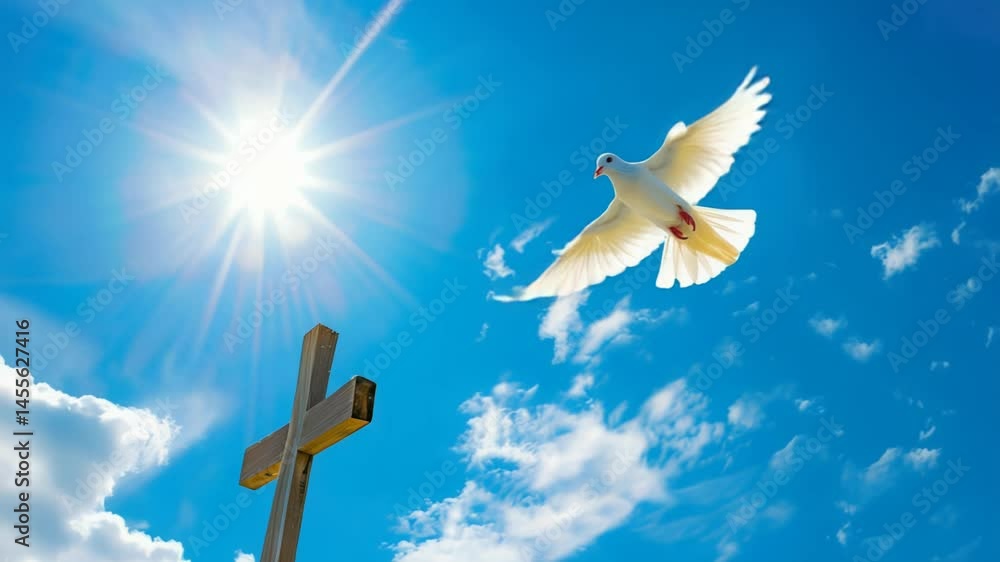 White dove ascends with sunlit cross against vibrant blue sky