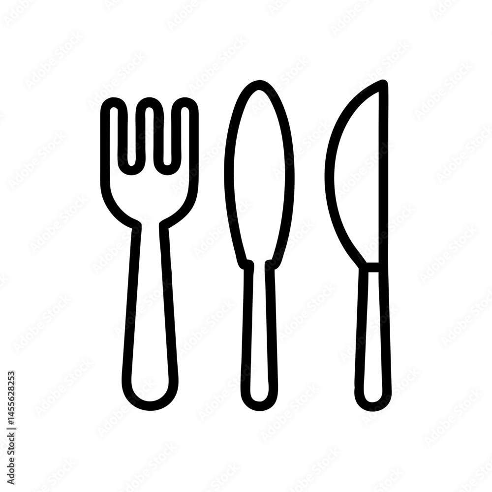 Minimalist fork, knife, spoon icon, black and white, restaurant symbol Minimalist fork, knife, spoon icon, black and white, restaurant symbol
