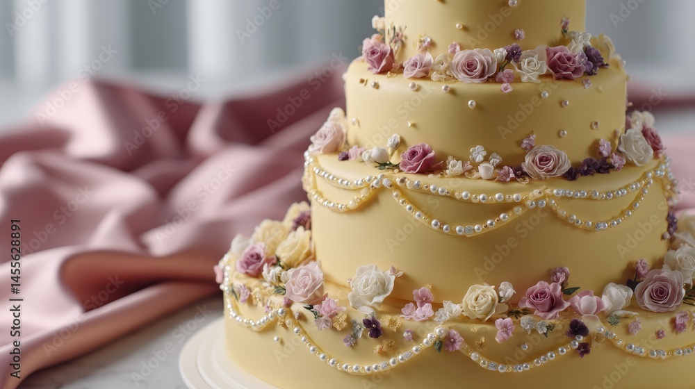 Multi-tiered golden celebration cake featuring delicate sugar flowers and edible pearls, elegantly displayed against a soft silk backdrop with ample copy space Multi-tiered golden celebration cake featuring delicate sugar flowers and edible pearls, elegantly displayed against a soft silk backdrop with ample copy space