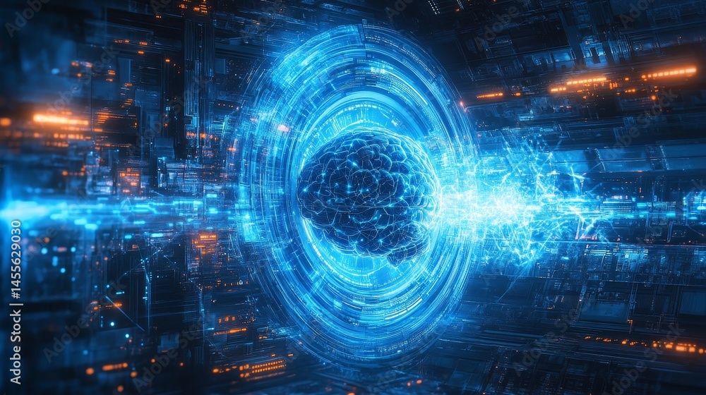 Obraz premium Exploration of Advanced Technology and Artificial Intelligence in a Digital Landscape With a Glowing Brain as the Focal Point