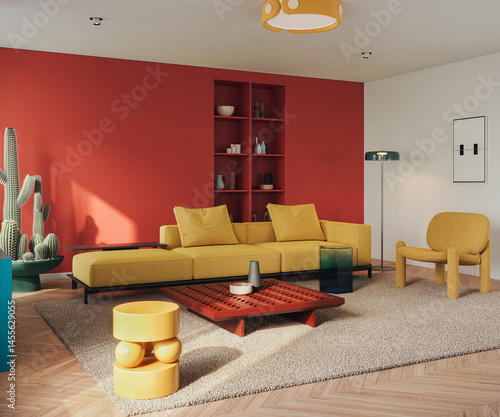 Vibrant contemporary living room featuring a bold red accent wall, mustard yellow modular sofa, and playful modern furniture, 3d rendering 

