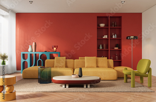 Vibrant contemporary living room featuring a bold red accent wall, mustard yellow modular sofa, and playful modern furniture, 3d rendering 

