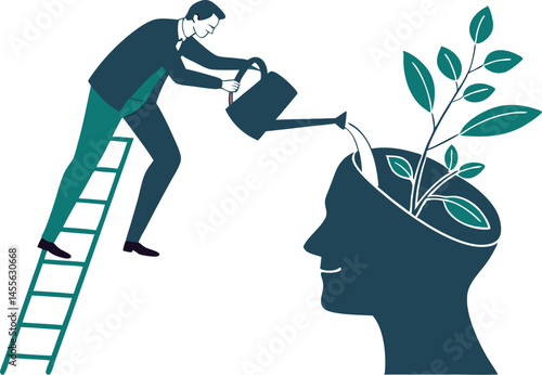 Business illustration concept. Growth mindset positive attitude to learn new thing, improvement to success, brain motivation or challenge to achieve goal, learning concept.