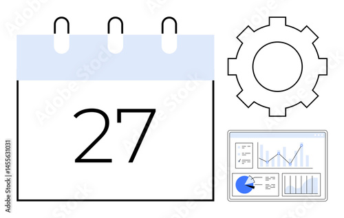 Calendar showing the 27th, gear for settings, analytics dashboard with graphs and charts. Ideal for scheduling, productivity, organization, task management, time tracking, data analysis simple