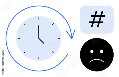 Clock with circular arrow, metadata tag, and sad face emotion representing time pressure and social media impact. Ideal for productivity, digital wellness, stress, burnout, deadlines, social issues