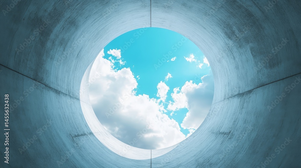 Fototapeta premium Looking up From Inside a Concrete Pipe Toward a Clear Blue Sky and Fluffy Clouds During a Sunny Day in an Outdoor Environment