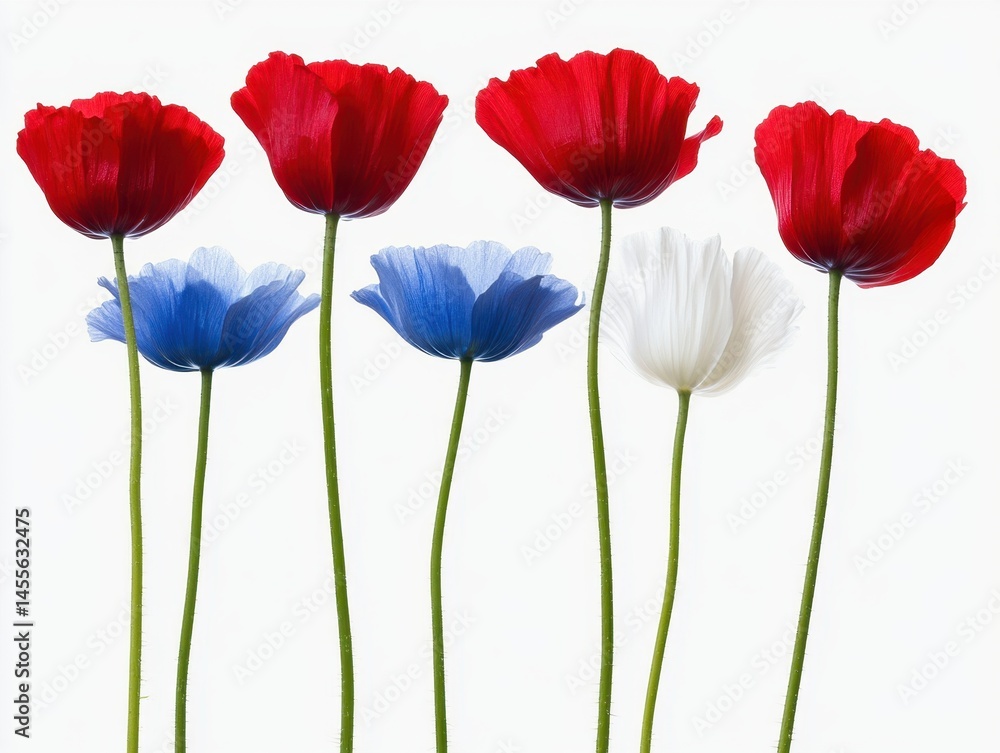 Obraz premium Vibrant poppy flowers in red, blue, and white against a clean white background, perfect for spring and summer designs