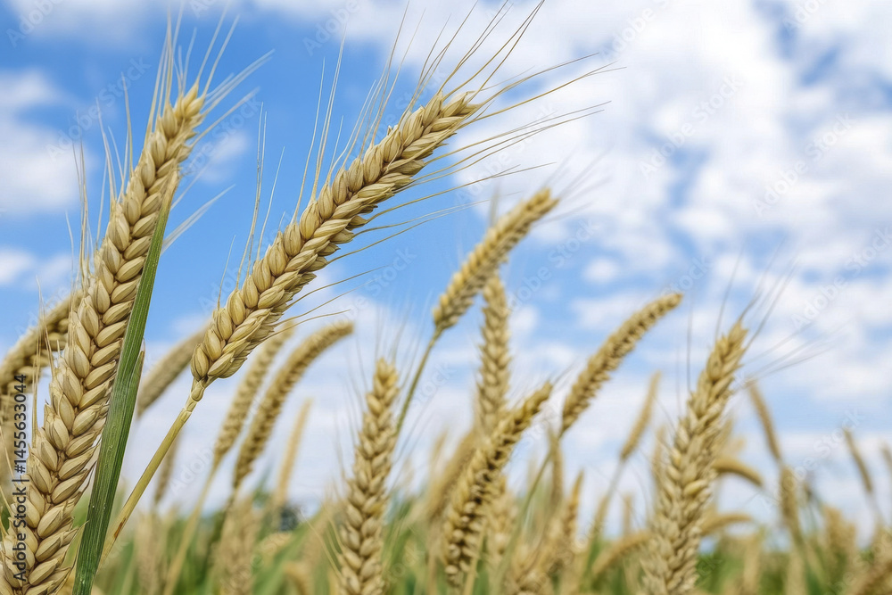 Golden wheat stalks sway gently under blue sky with fluffy clouds, showcasing beauty of agriculture Golden wheat stalks sway gently under blue sky with fluffy clouds, showcasing beauty of agriculture