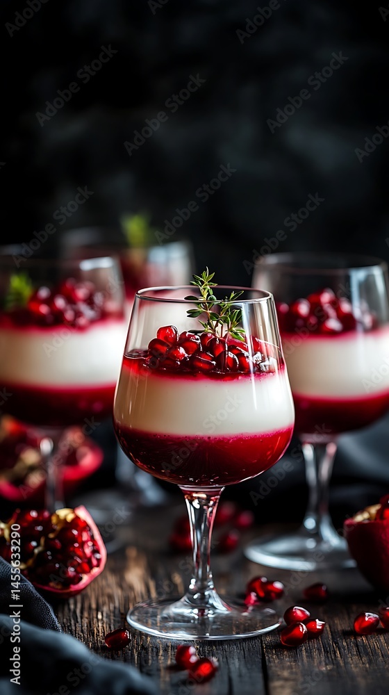 Pomegranate Dessert in Glass with Thyme Garnishment on Rustic Wooden Surface Pomegranate Dessert in Glass with Thyme Garnishment on Rustic Wooden Surface
