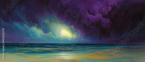 Dramatic Seascape with Purple Clouds and Light Breaking Through the Stormy Sky Above the Ocean