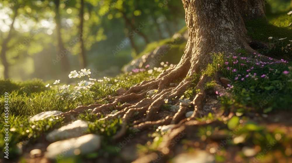 Fototapeta premium Sunlit tree roots and wildflowers in a lush forest setting