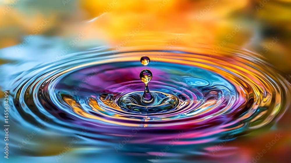 Water Drop Impact Creating Ripples on Liquid Surface with Colorful Reflections Water Drop Impact Creating Ripples on Liquid Surface with Colorful Reflections