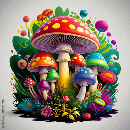 Nature's fungi, mushrooms and toadstools sprout from the green grass in the forest, a colorful illustration of autumn's plant life